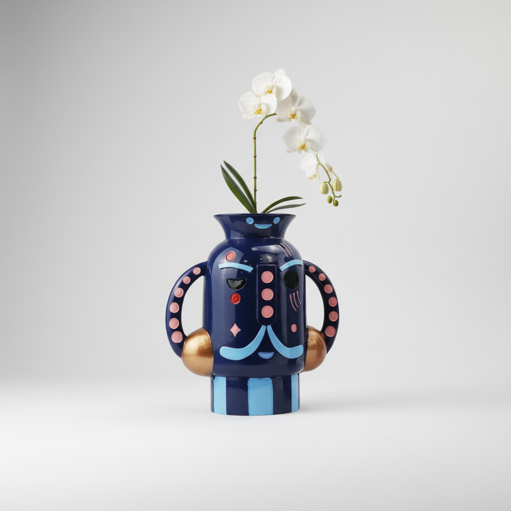 Decorative vase with abstract design and a white orchid on a light gray background