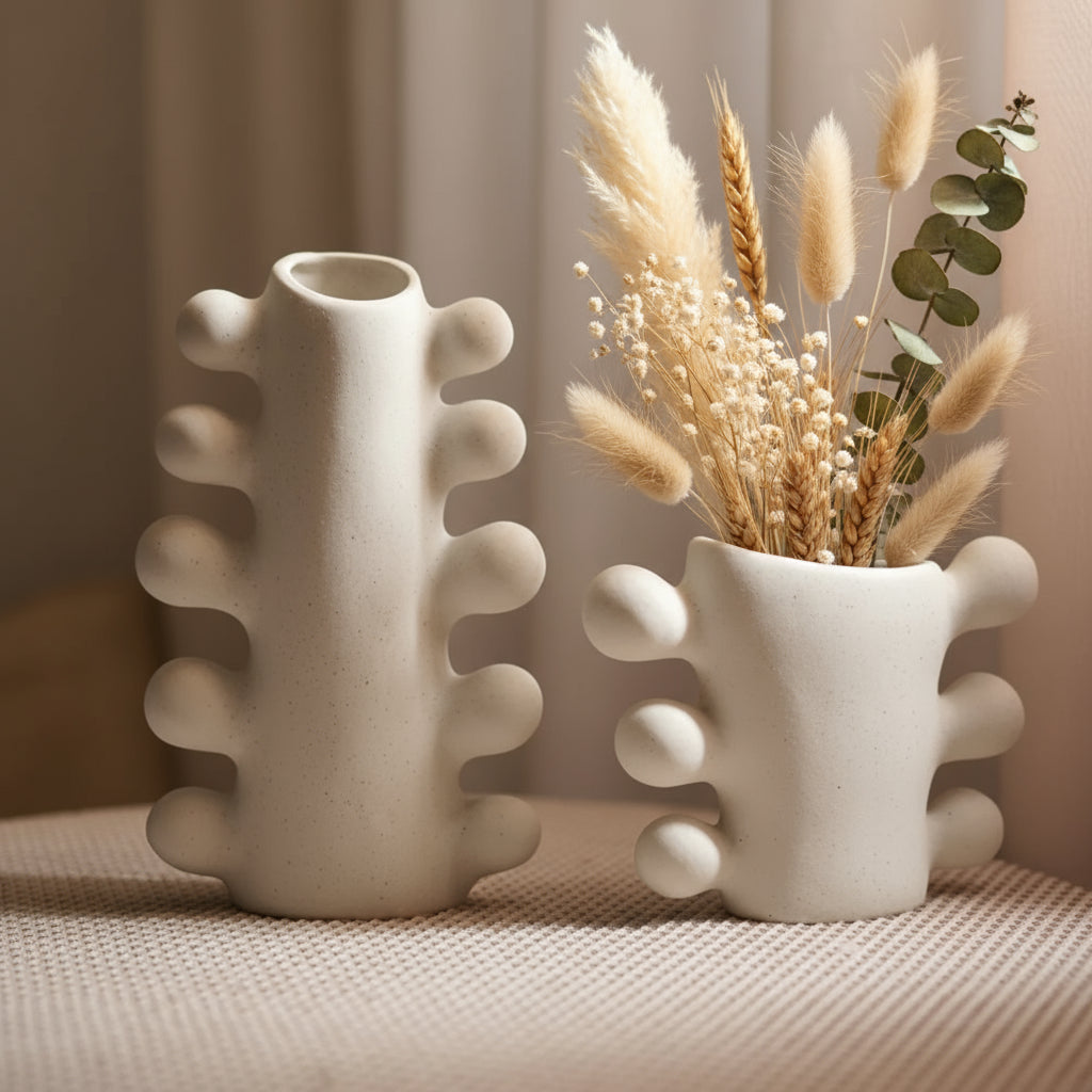 Two unique ceramic vases with textured design on a neutral background