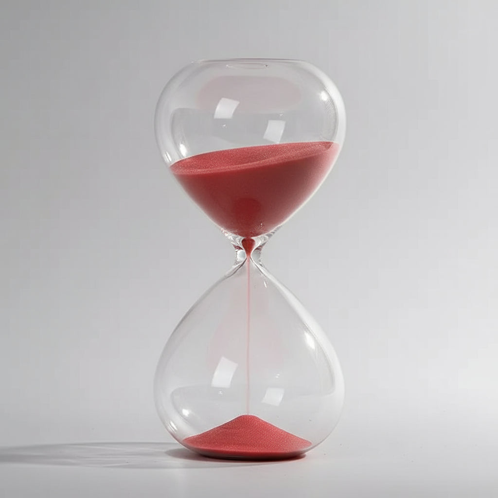 Hourglass with red sand running down against a wooden background