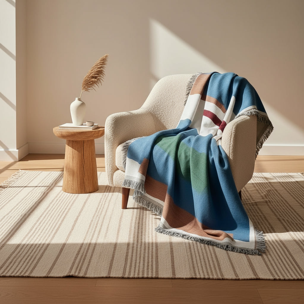 Colorful striped blanket draped over a sofa in a living room.