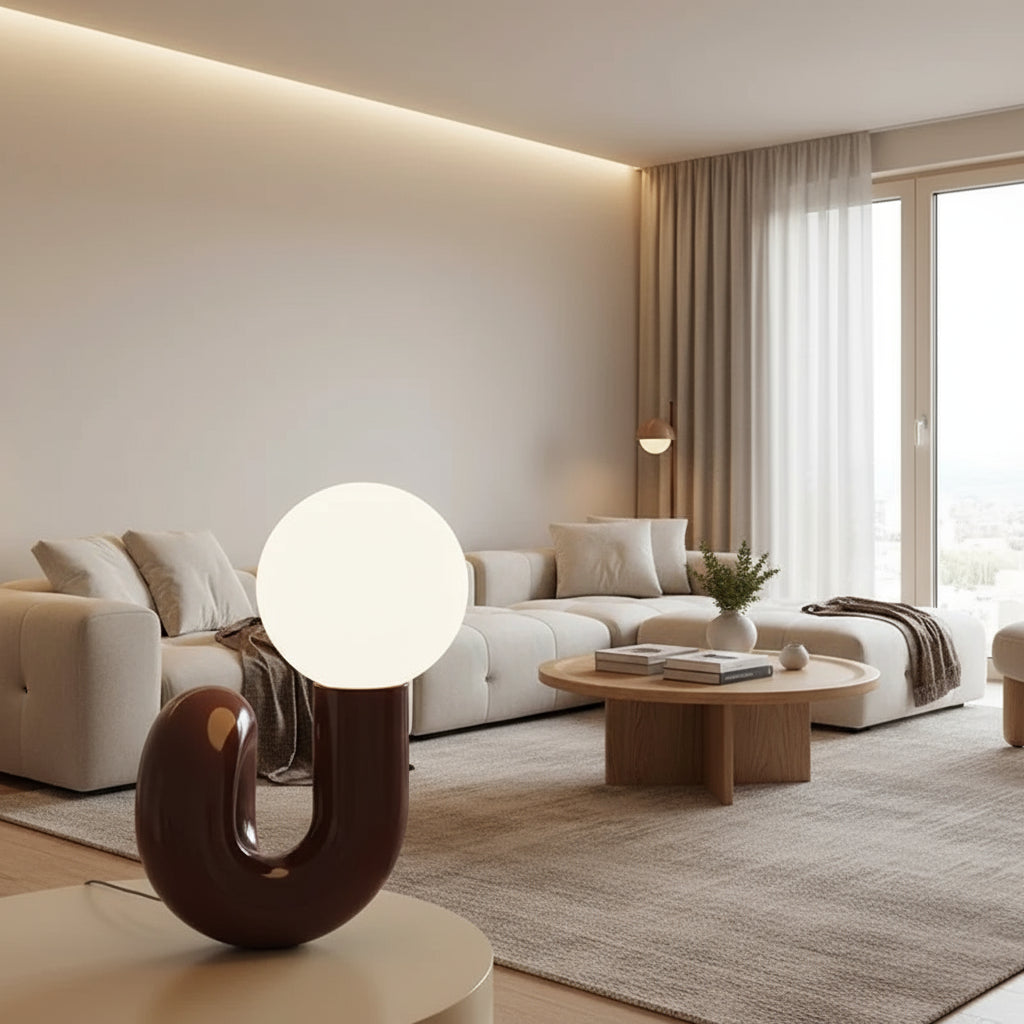 Modern living room with a stylish lamp and comfortable furniture.