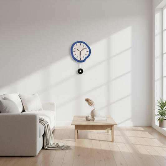 Wall clock with blue frame and pendulum on a white background