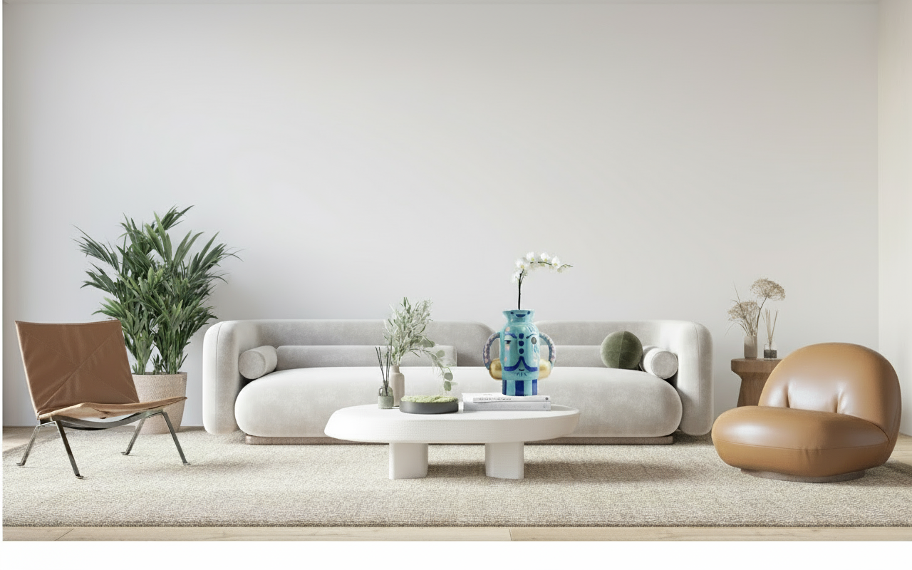 Modern living room with a white sofa, brown chair, and decorative items.