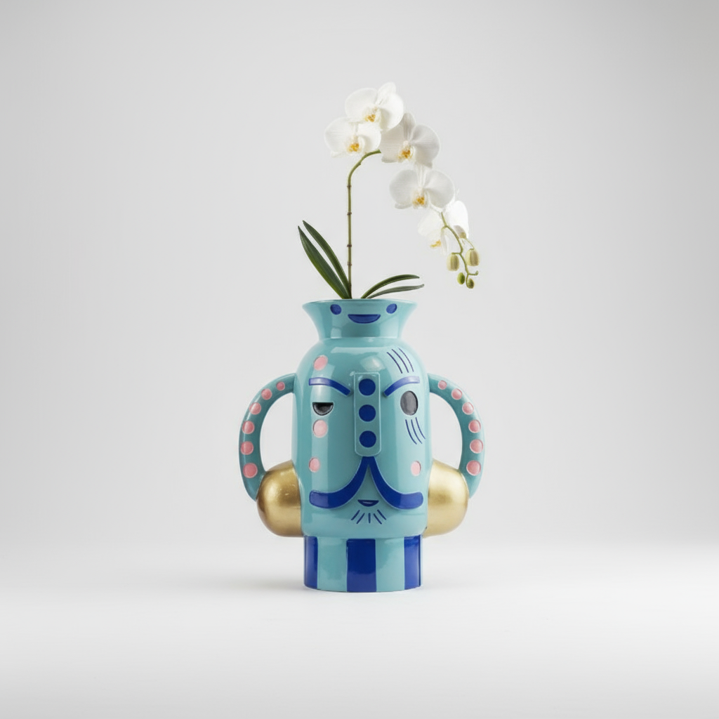 Colorful vase with face design holding white flowers on a white background