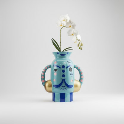 Colorful vase with face design holding white flowers on a white background