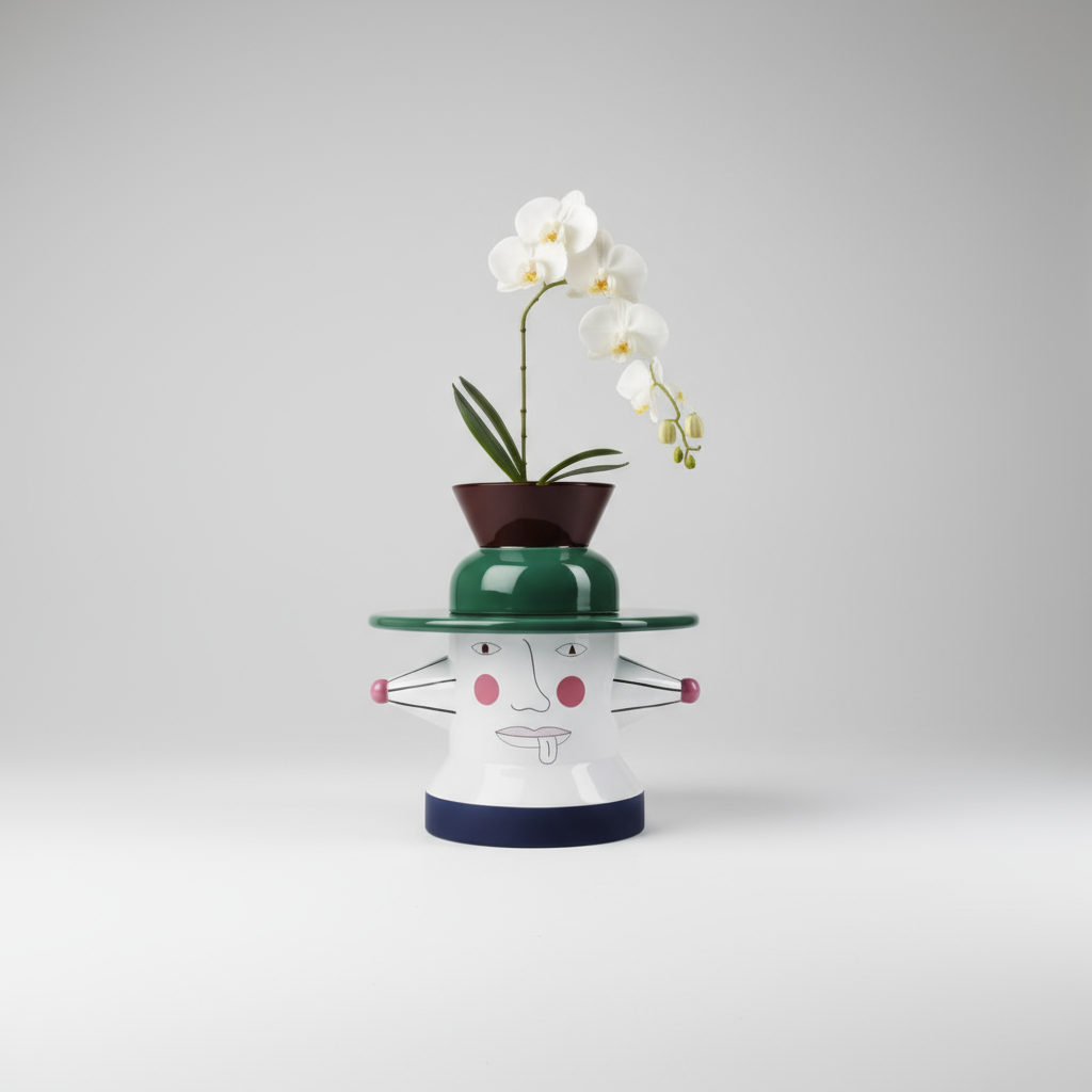 Decorative vase with a face design and a white orchid on a gray background