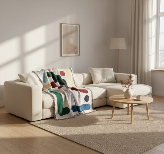 Abstract patterned blanket with colorful shapes on a white background