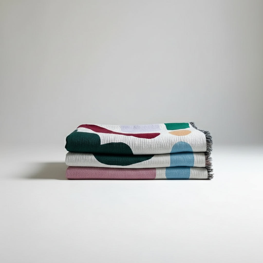 Colorful abstract-patterned blanket draped over a rack against a white wall.