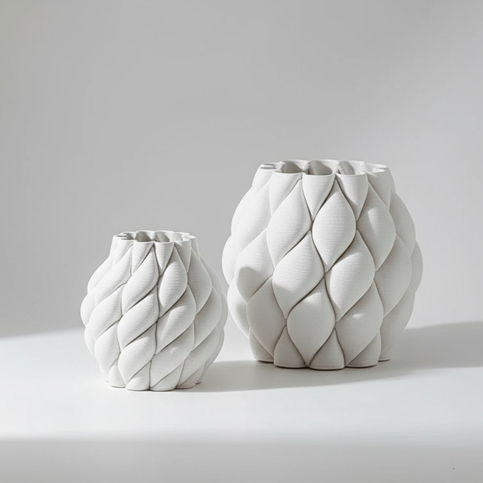 White woven vase held by a hand with a white cup and books on a table.