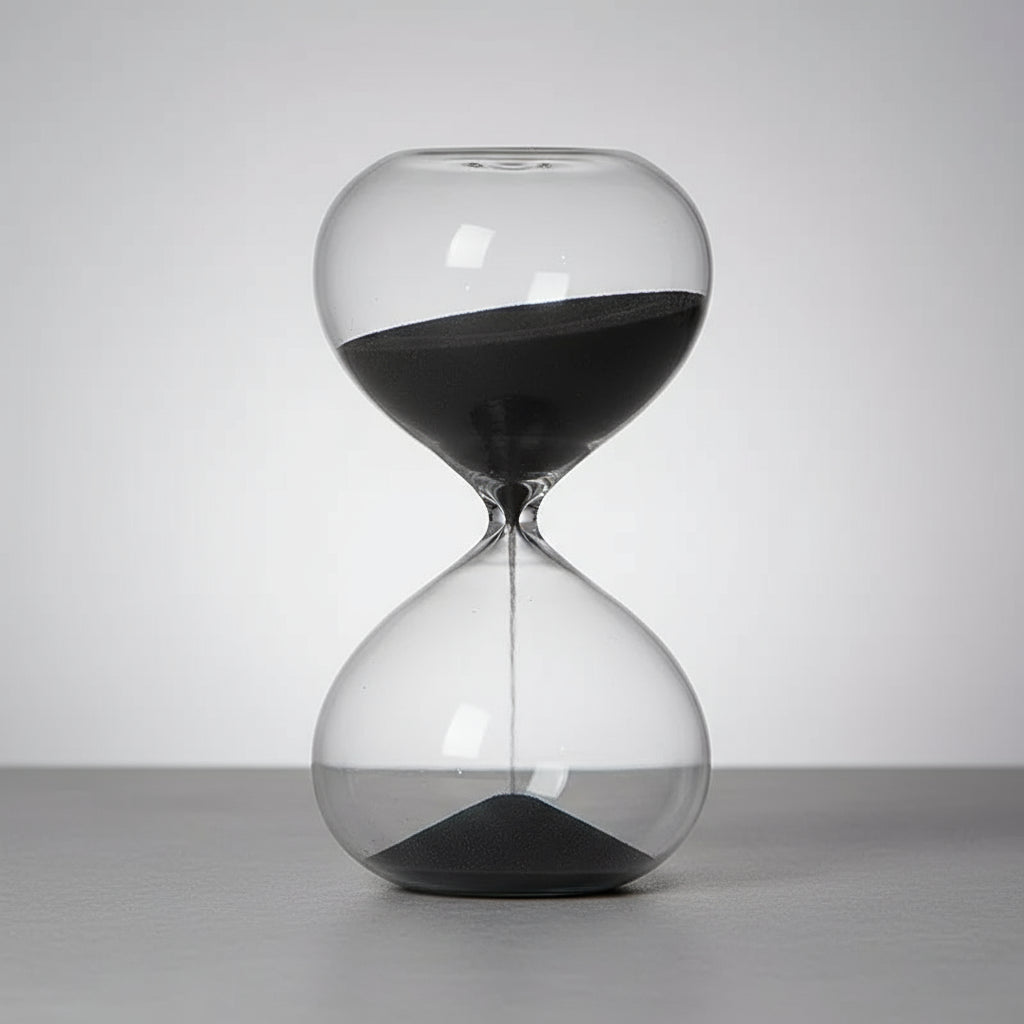 Hourglass with sand running through on a wooden surface