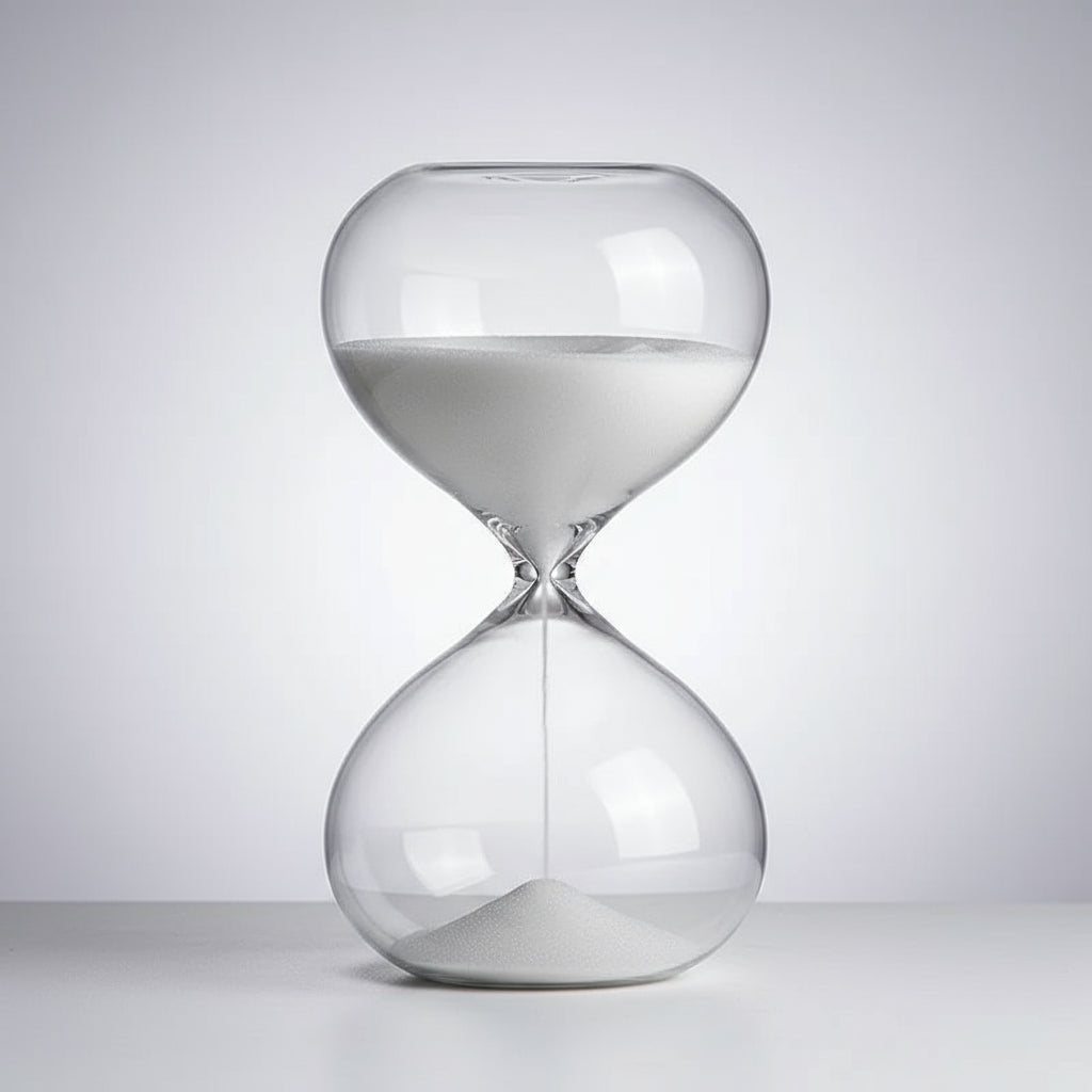 Clear glass hourglass on a white background