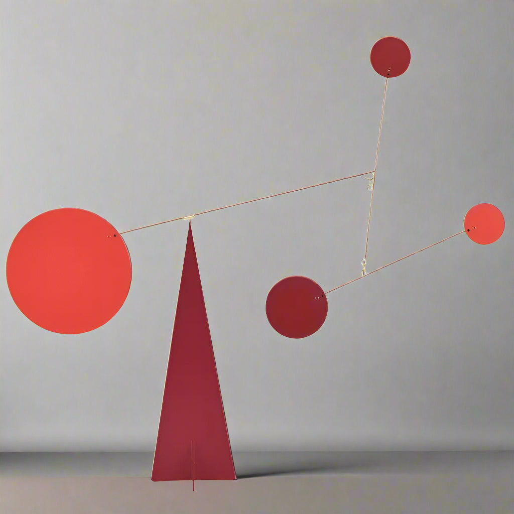 Abstract sculpture with red geometric shapes on a gray background