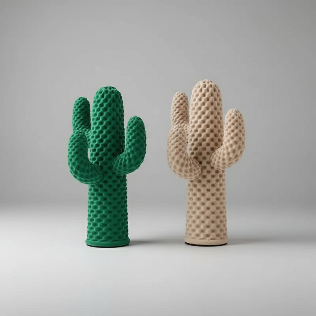 Two textured cactus sculptures, one green and one beige, on a neutral background.