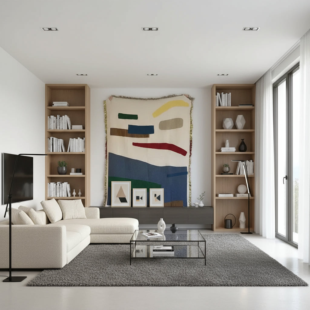 Modern living room with a colorful abstract throw  on the wall, bookshelves, and a glass coffee table.