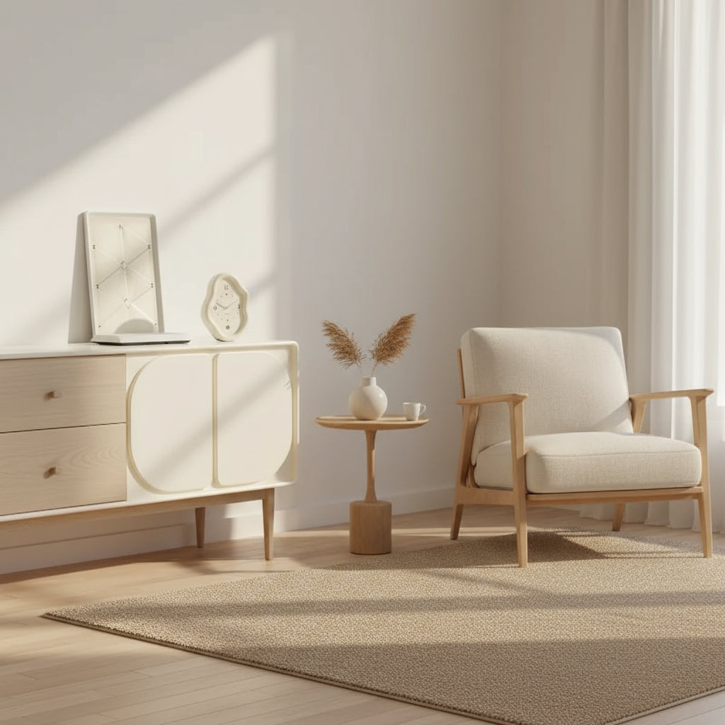 Decorative wall clock on a white shelf with a neutral background