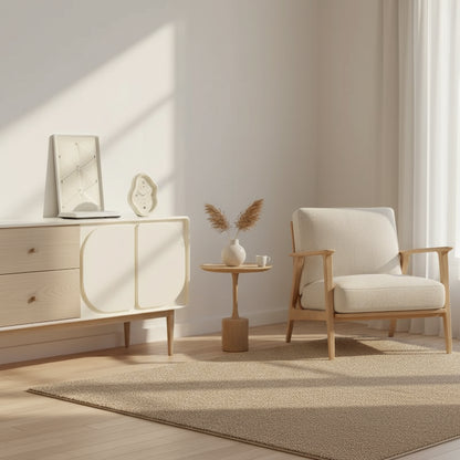 Decorative wall clock on a white shelf with a neutral background