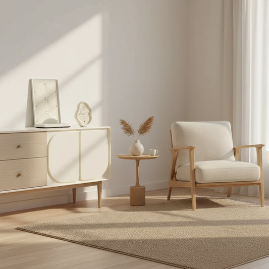 Decorative wall clock on a white shelf with a neutral background