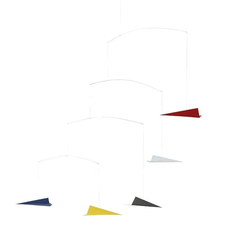 Colorful mobile with geometric shapes on a white background