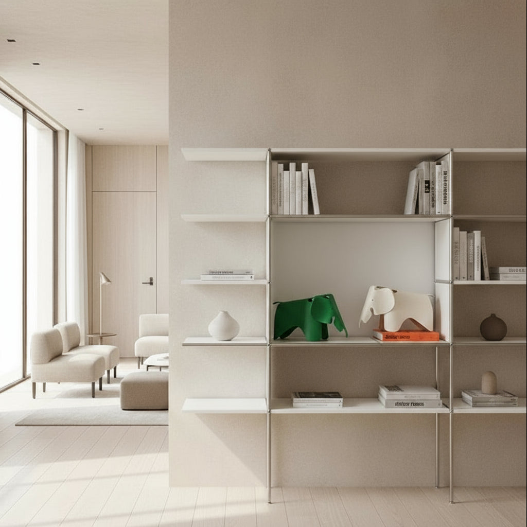 Modern living room with a large bookshelf and an elephant decor items.