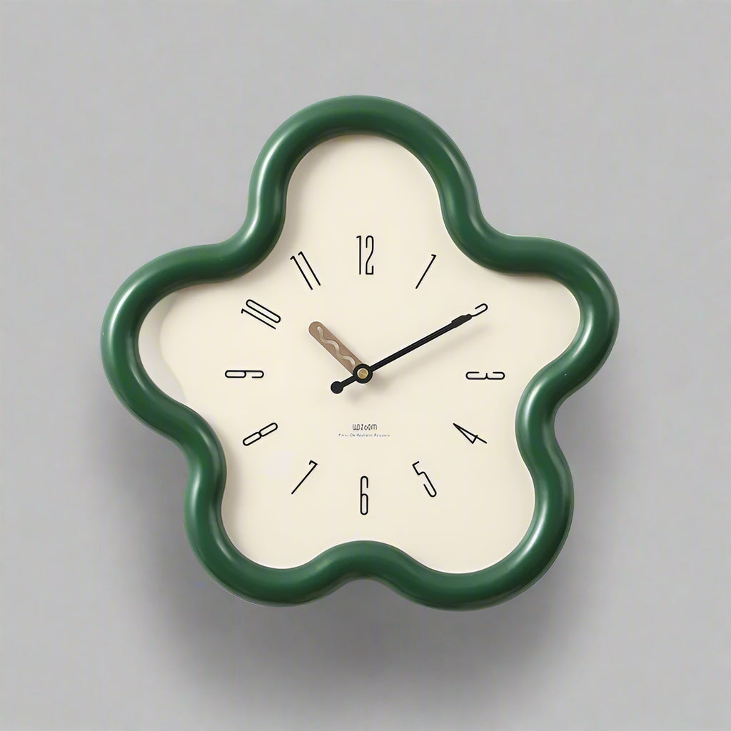 Floral-shaped wall clock with green frame on a white background