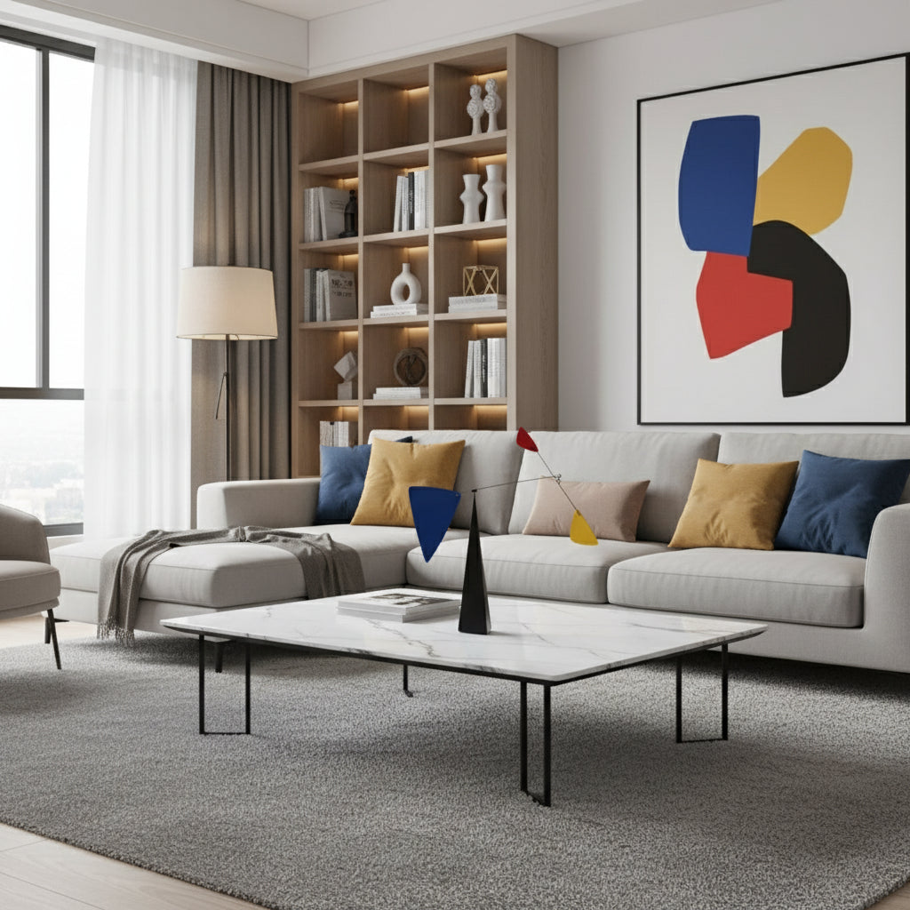 Abstract sculpture with geometric shapes on a modern living room