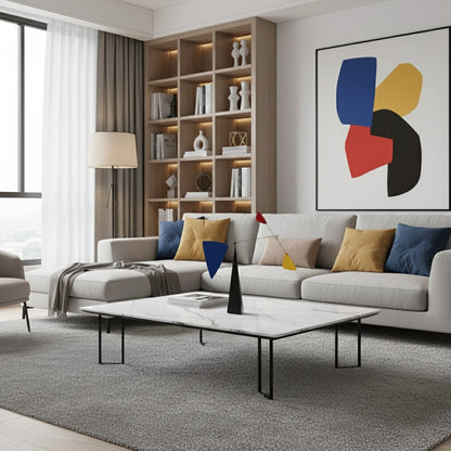 Abstract sculpture with geometric shapes on a modern living room