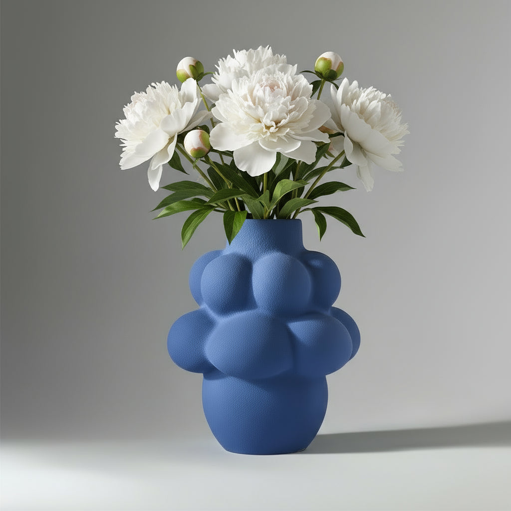 Blue textured vase on a light gray background