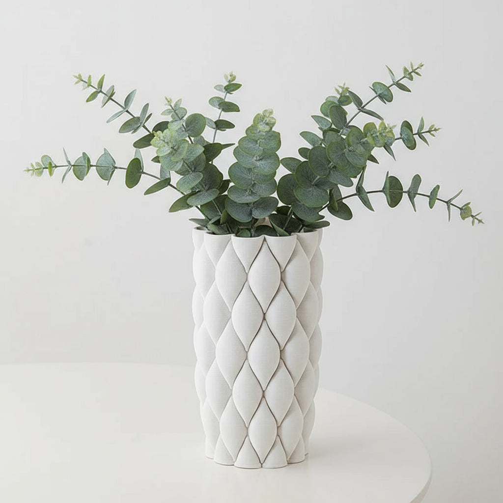 White textured vase with dimensions on a light gray background