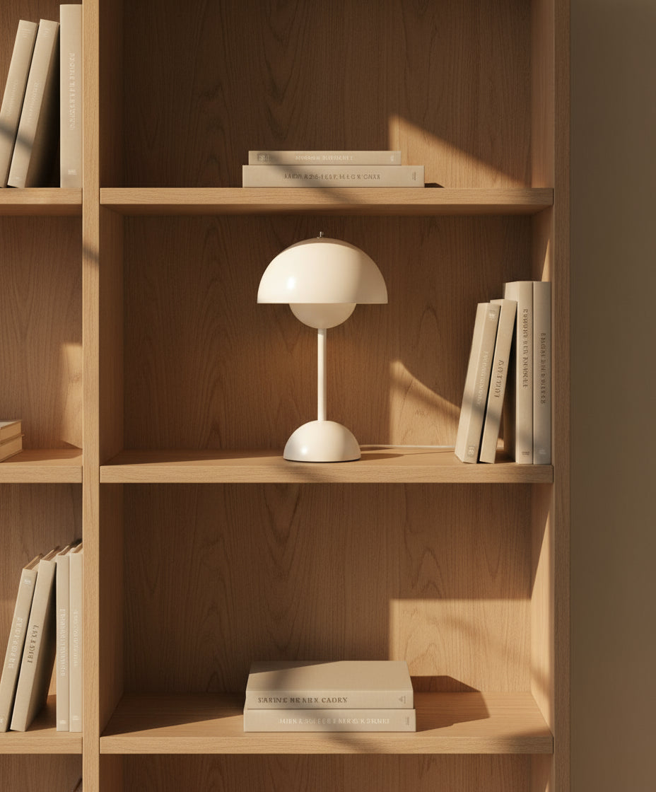 Wooden bookshelf with a white lamp and books against a brown wall