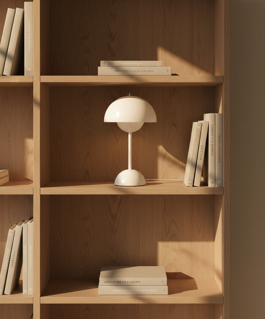 Wooden bookshelf with a white lamp and books against a brown wall