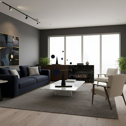 Modern living room with a fireplace, sofa, an abstract sculpture with blue geometric shapes  and a coffee table.