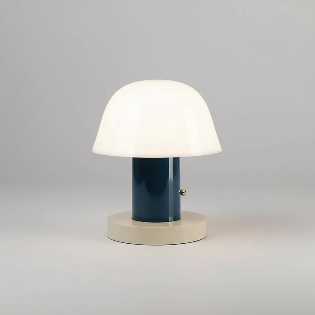Table lamp with a white shade and blue base 