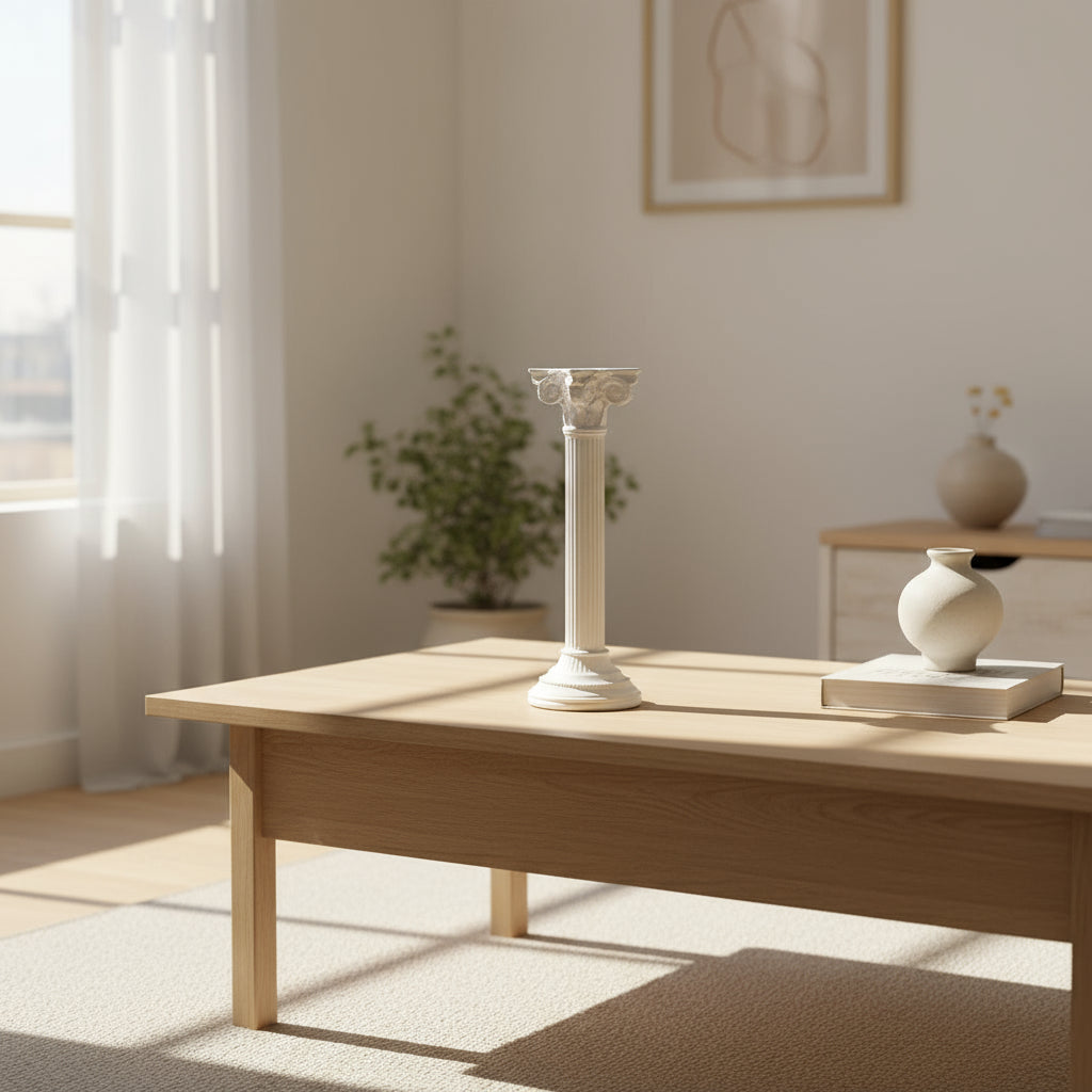 Decorative white column on a wooden surface with candles and lace in the background