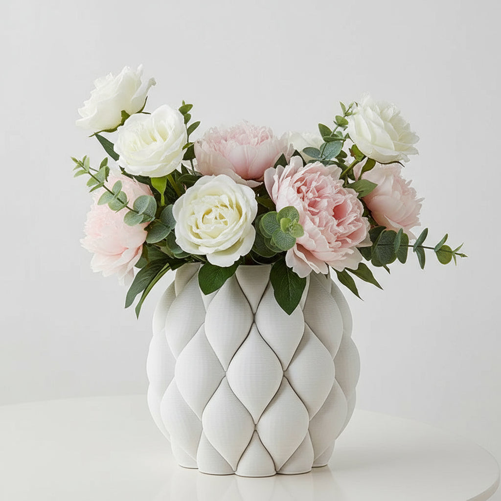 White textured vase with dimensions on a light gray background