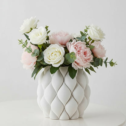 White textured vase with dimensions on a light gray background