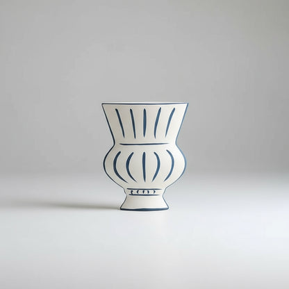 White vase with blue patterns on a white surface