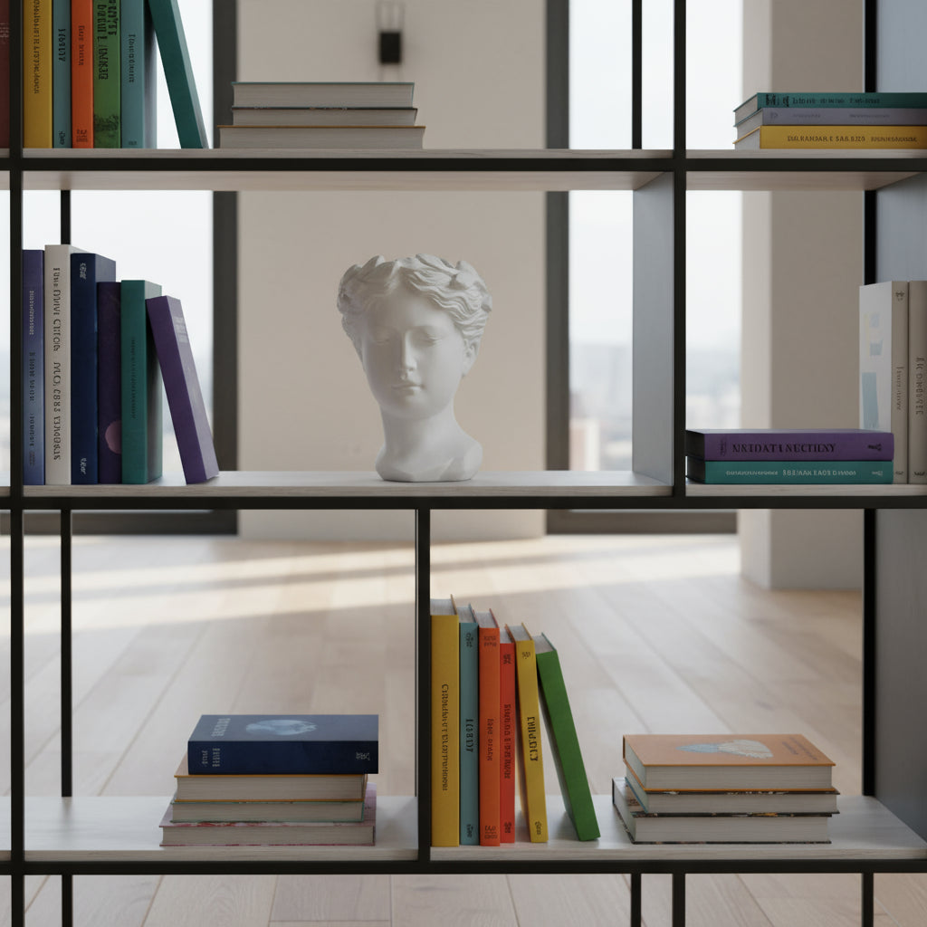 White marble bust of a classical woman on a white background