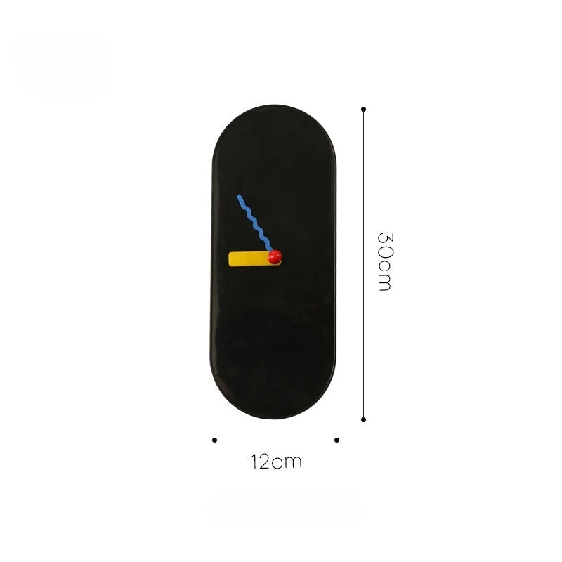 Black modern clock with colorful design and measurements on a white background