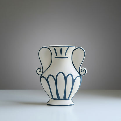 Ceramic vase with blue patterns on a gray background