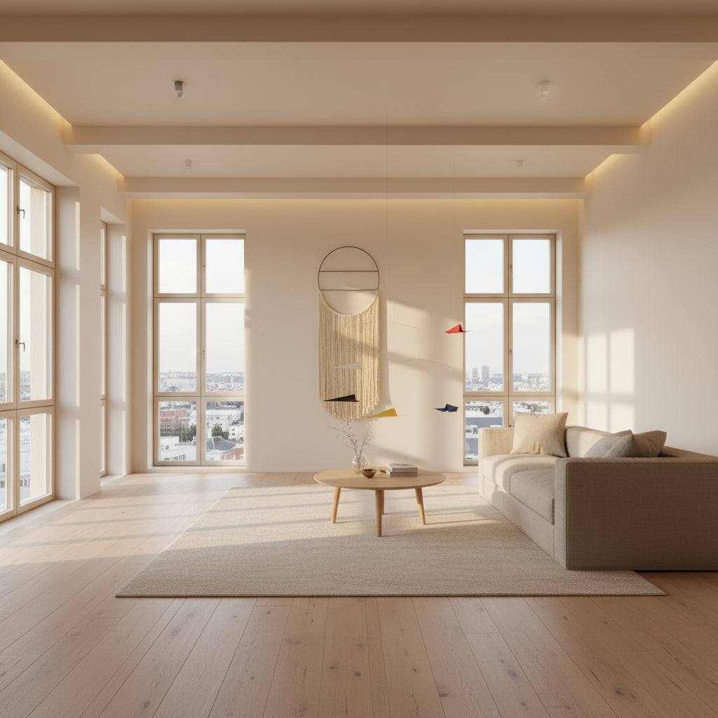 Colorful geometric mobile hanging on a modern living room