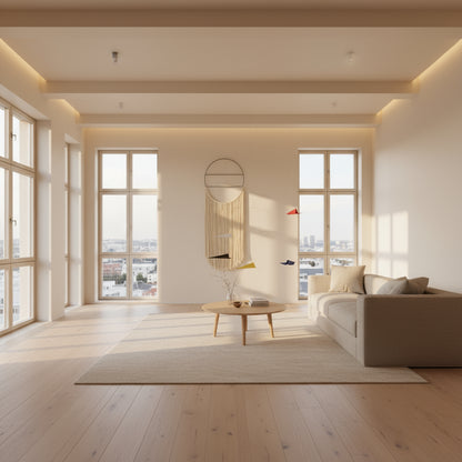 Colorful geometric mobile hanging on a modern living room