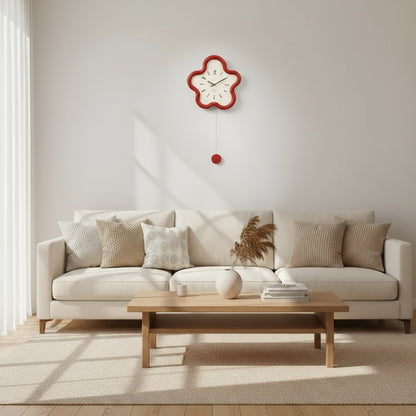 Decorative wall clock with a red frame on a  modern living room