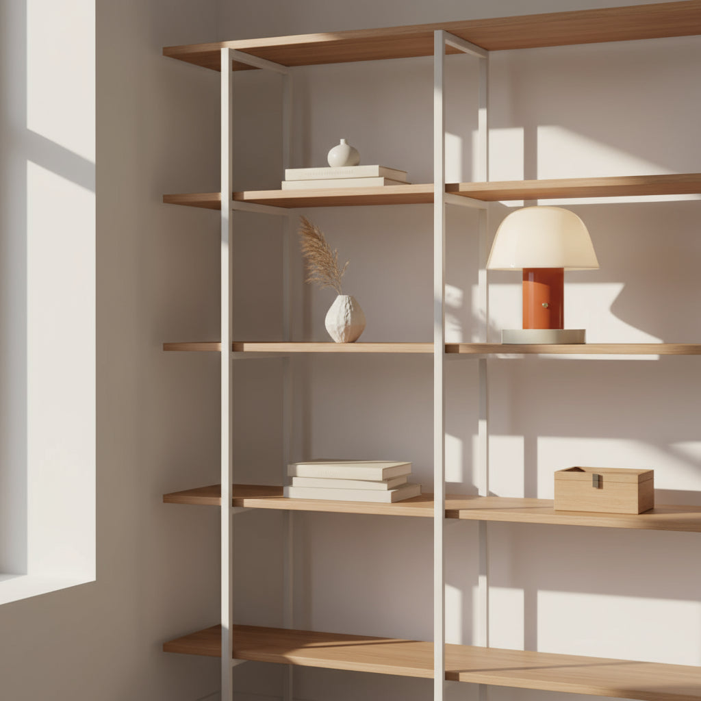 modern mushroom Table lamp on a modern book shelf