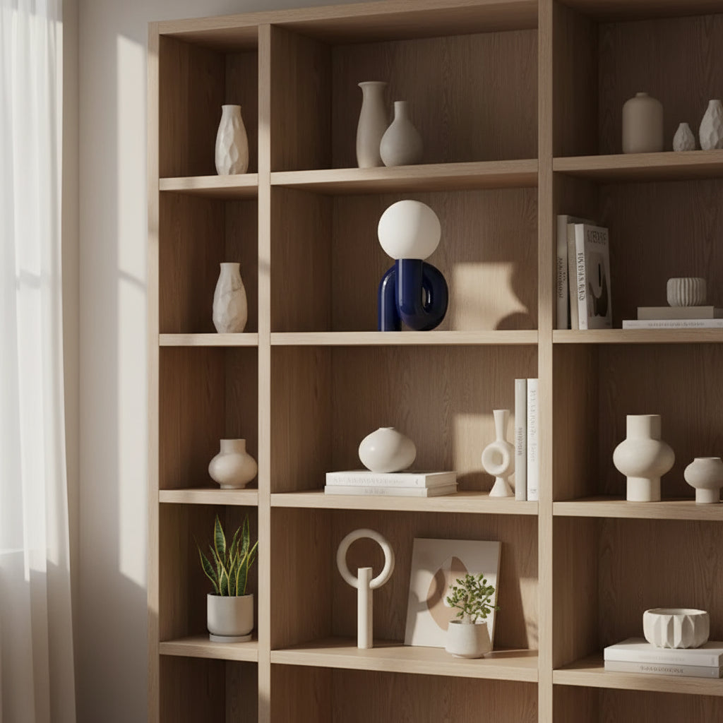 decorative lamps with spherical tops and curved bases on a modern book shelf