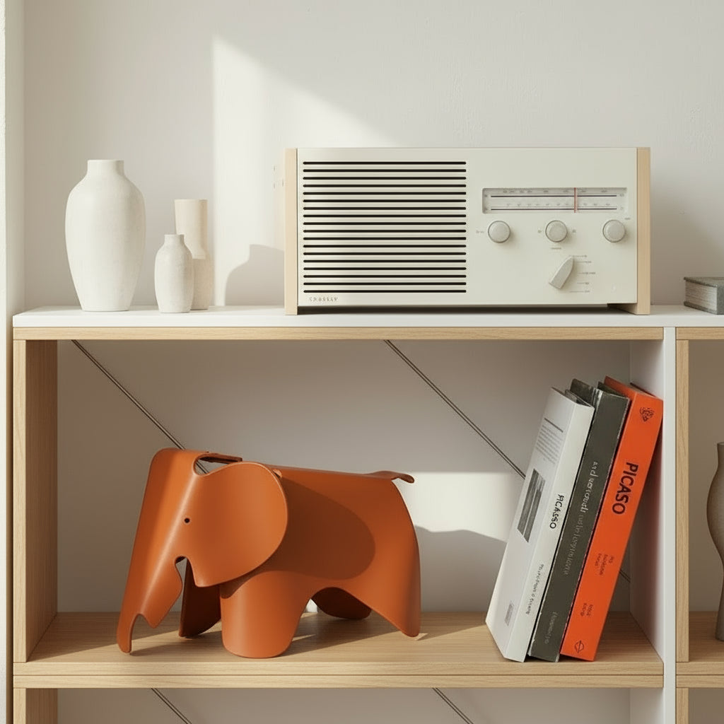 Orange elephant-shaped decor object on a shelf with books and an air conditioner in the background.
