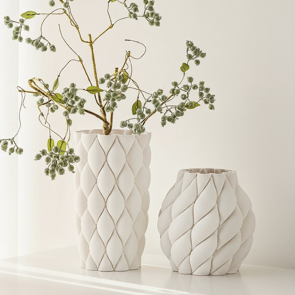 Two white textured vases with decorative patterns on a light background, one holding green branches.
