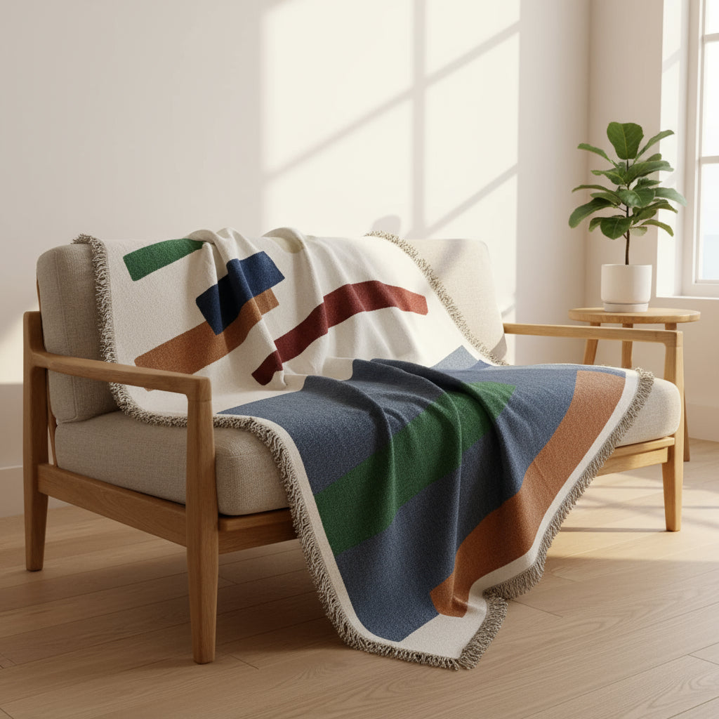 Colorful blanket draped over a wooden chair in a bright room with a plant on a side table.