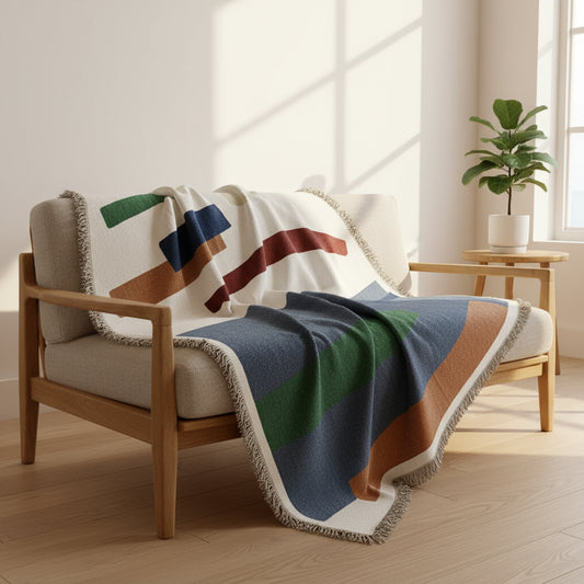 Colorful blanket draped over a wooden chair in a bright room with a plant on a side table.