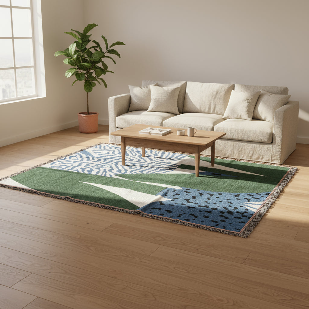 Multicolored patterned throw blanket draped over a chair in a living room setting.