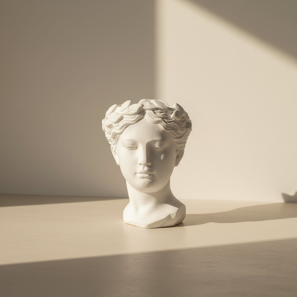 White marble bust  vase of a classical figure on a neutral background